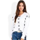  V-Neck Waffle Knit Sweater with Cross Stitch Detailing and Long Sleeves