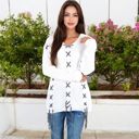  V-Neck Waffle Knit Sweater with Cross Stitch Detailing and Long Sleeves