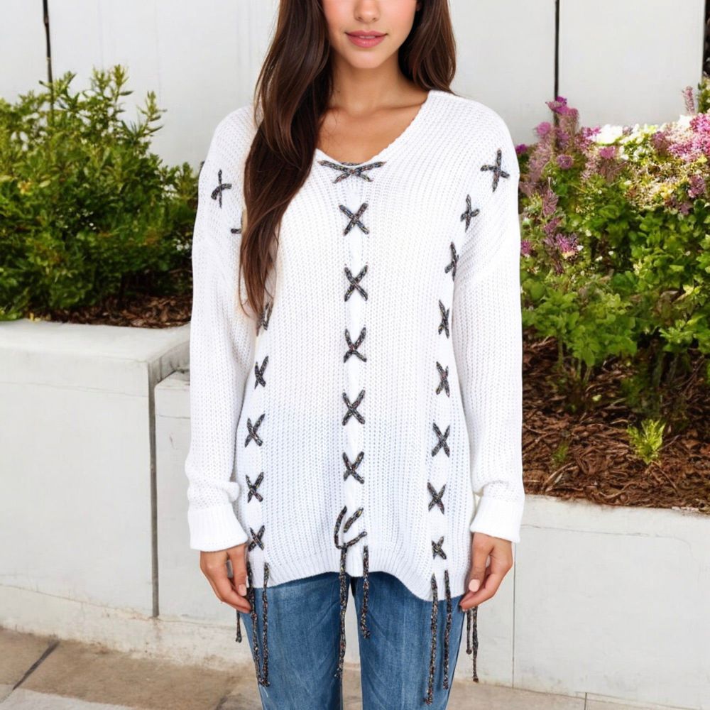 V-Neck Waffle Knit Sweater with Cross Stitch Detailing and Long Sleeves