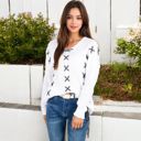  V-Neck Waffle Knit Sweater with Cross Stitch Detailing and Long Sleeves