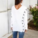  V-Neck Waffle Knit Sweater with Cross Stitch Detailing and Long Sleeves