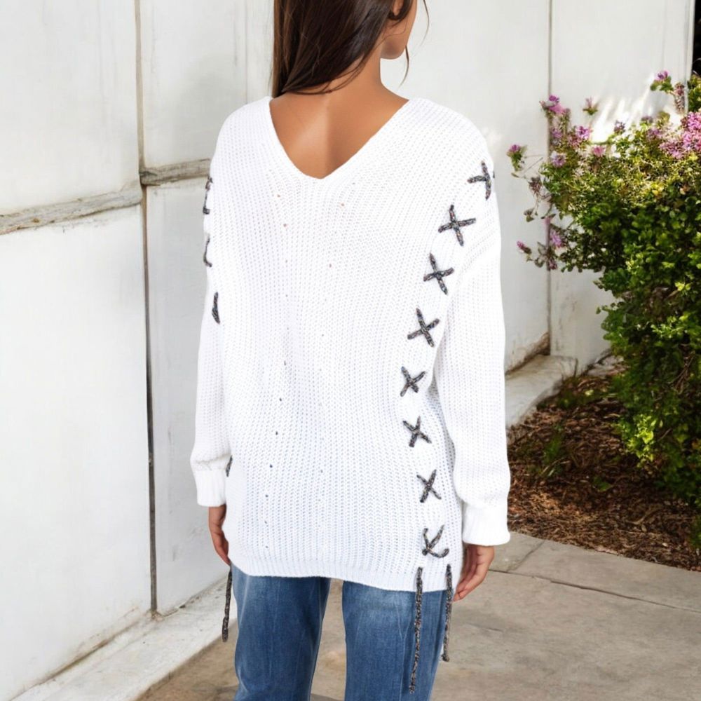 V-Neck Waffle Knit Sweater with Cross Stitch Detailing and Long Sleeves