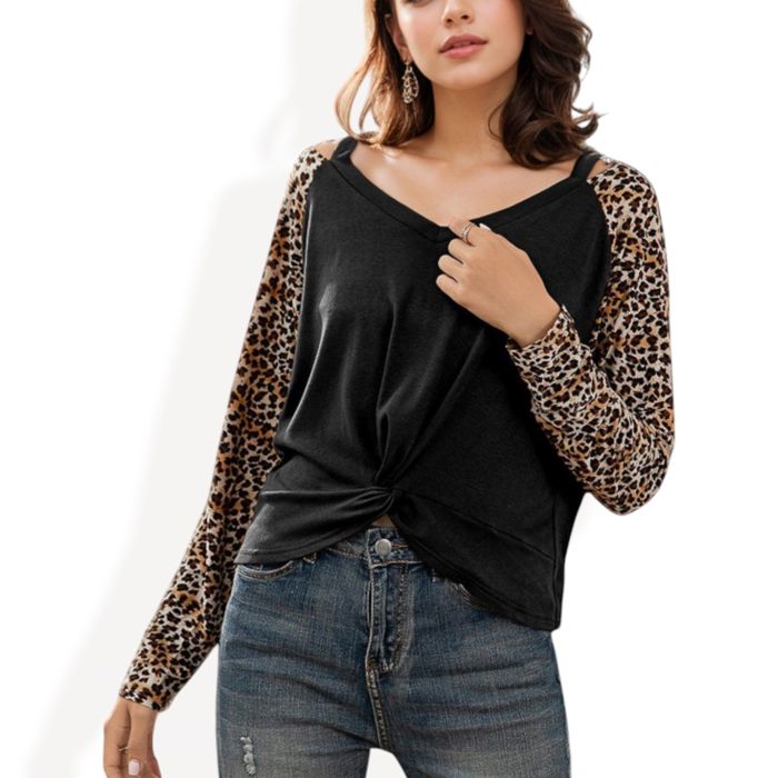 V-Neck Long Sleeve Top with Leopard Print Raglan Sleeves