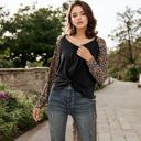 Black Large V-Neck Long Sleeve Top with Leopard Print Raglan Sleeves