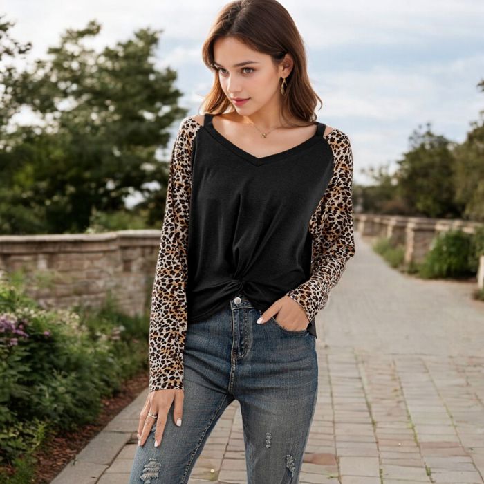 V-Neck Long Sleeve Top with Leopard Print Raglan Sleeves