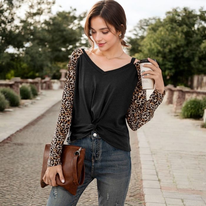 V-Neck Long Sleeve Top with Leopard Print Raglan Sleeves