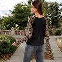 Black Large V-Neck Long Sleeve Top with Leopard Print Raglan Sleeves