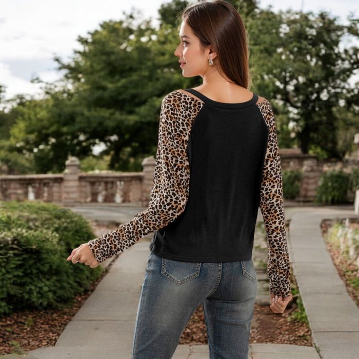 V-Neck Long Sleeve Top with Leopard Print Raglan Sleeves