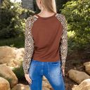 Brown Large V-Neck Long Sleeve Top with Leopard Print Raglan Sleeves