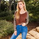 Brown Large V-Neck Long Sleeve Top with Leopard Print Raglan Sleeves