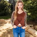 Brown Large V-Neck Long Sleeve Top with Leopard Print Raglan Sleeves