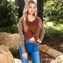 Brown Medium V-Neck Long Sleeve Top with Leopard Print Raglan Sleeves