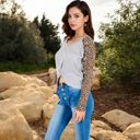 Gray Large V-Neck Long Sleeve Top with Leopard Print Raglan Sleeves