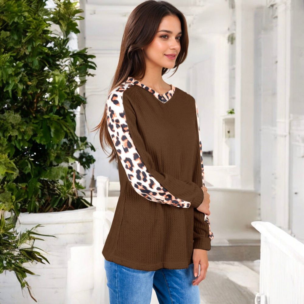 Waffle Knit Top with Leopard Print Contrast and V-Neck Detail