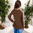 Brown Large Waffle Knit Top with Leopard Print Contrast and V-Neck Detail