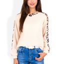 White Large Waffle Knit Top with Leopard Print Contrast and V-Neck Detail