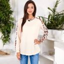 White Large Waffle Knit Top with Leopard Print Contrast and V-Neck Detail