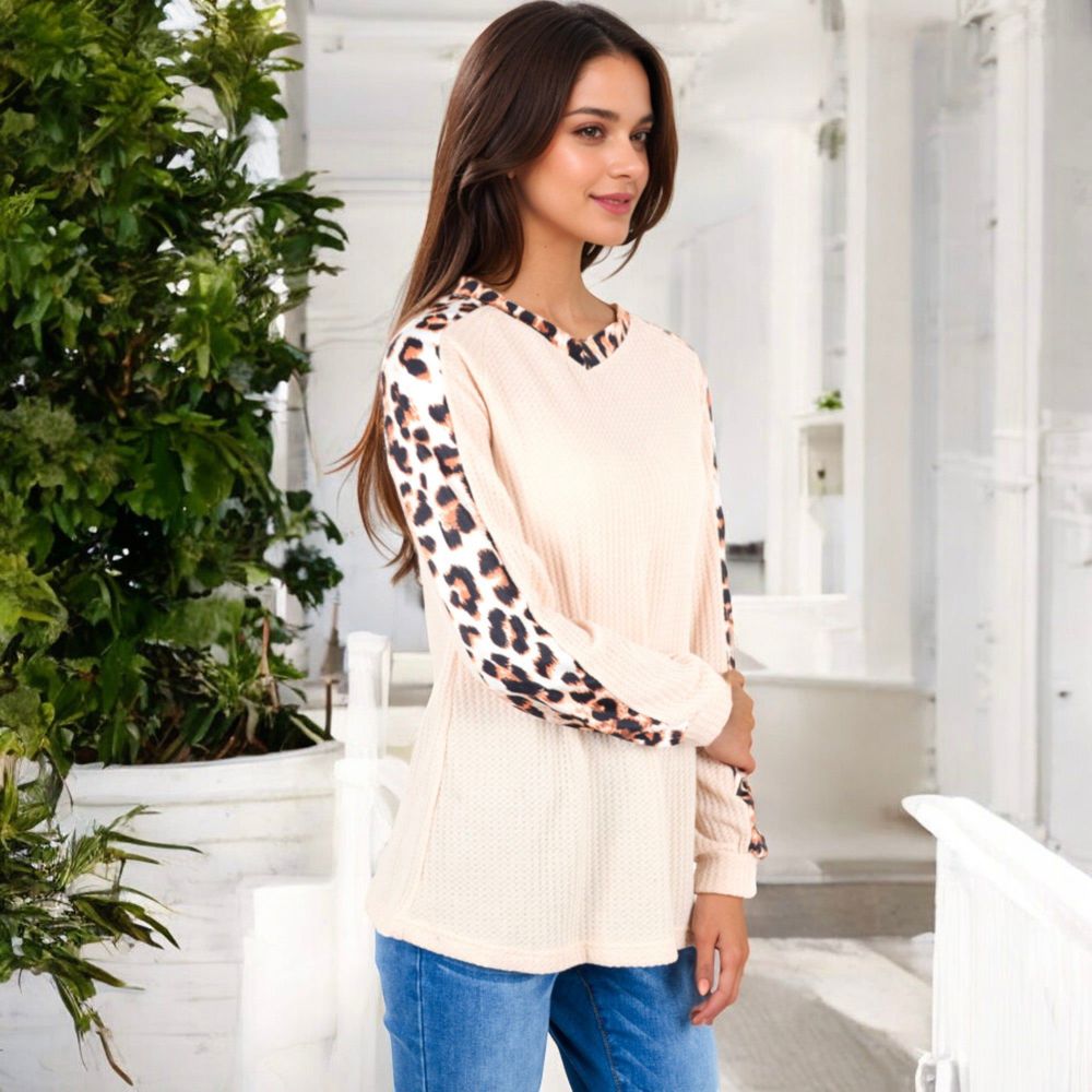 Waffle Knit Top with Leopard Print Contrast and V-Neck Detail