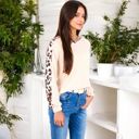 White Large Waffle Knit Top with Leopard Print Contrast and V-Neck Detail