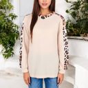 White Large Waffle Knit Top with Leopard Print Contrast and V-Neck Detail