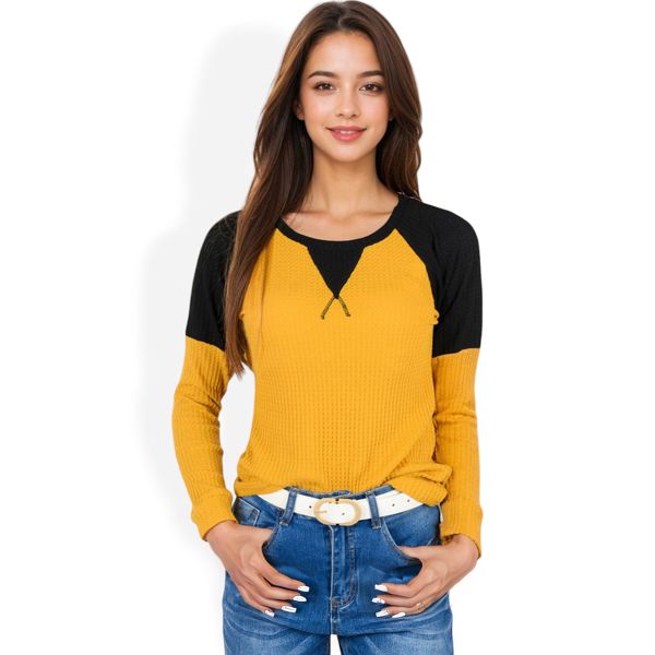 Long Sleeve Waffle Knit Top with Raglan Color Block Sleeves and Crew Neck