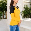  Long Sleeve Waffle Knit Top with Raglan Color Block Sleeves and Crew Neck