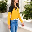  Long Sleeve Waffle Knit Top with Raglan Color Block Sleeves and Crew Neck