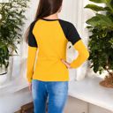  Long Sleeve Waffle Knit Top with Raglan Color Block Sleeves and Crew Neck