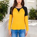  Long Sleeve Waffle Knit Top with Raglan Color Block Sleeves and Crew Neck