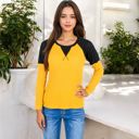  Long Sleeve Waffle Knit Top with Raglan Color Block Sleeves and Crew Neck