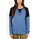 Blue Large Long Sleeve Waffle Knit Top with Raglan Color Block Sleeves and Crew Neck