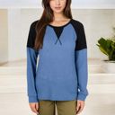 Blue Large Long Sleeve Waffle Knit Top with Raglan Color Block Sleeves and Crew Neck