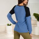 Blue Large Long Sleeve Waffle Knit Top with Raglan Color Block Sleeves and Crew Neck