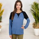 Blue Large Long Sleeve Waffle Knit Top with Raglan Color Block Sleeves and Crew Neck