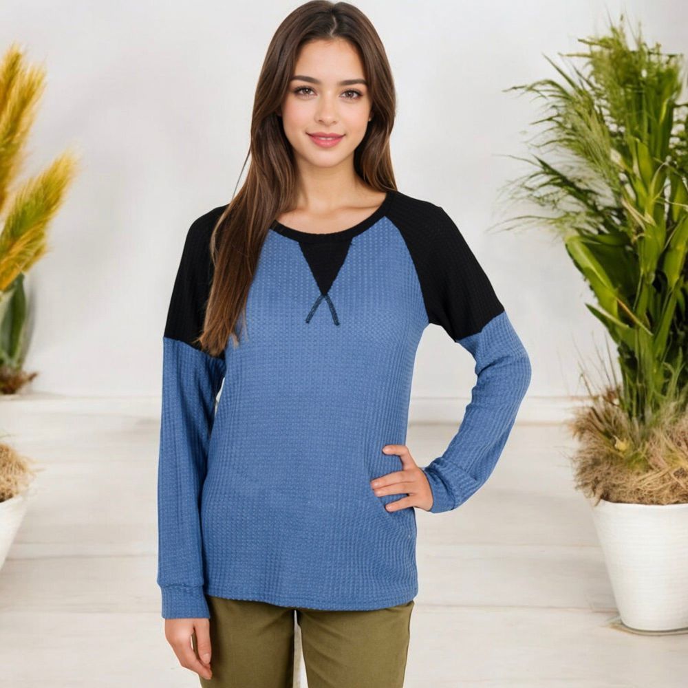 Long Sleeve Waffle Knit Top with Raglan Color Block Sleeves and Crew Neck