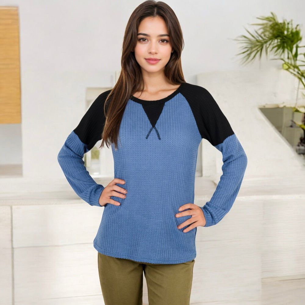 Long Sleeve Waffle Knit Top with Raglan Color Block Sleeves and Crew Neck