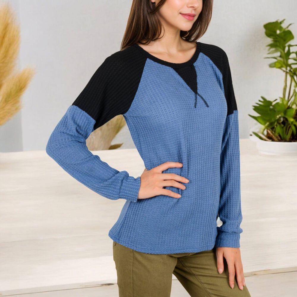 Long Sleeve Waffle Knit Top with Raglan Color Block Sleeves and Crew Neck