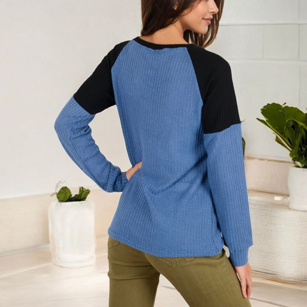 Long Sleeve Waffle Knit Top with Raglan Color Block Sleeves and Crew Neck