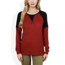 Red Large Long Sleeve Waffle Knit Top with Raglan Color Block Sleeves and Crew Neck