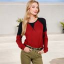 Red Large Long Sleeve Waffle Knit Top with Raglan Color Block Sleeves and Crew Neck