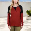 Red Large Long Sleeve Waffle Knit Top with Raglan Color Block Sleeves and Crew Neck