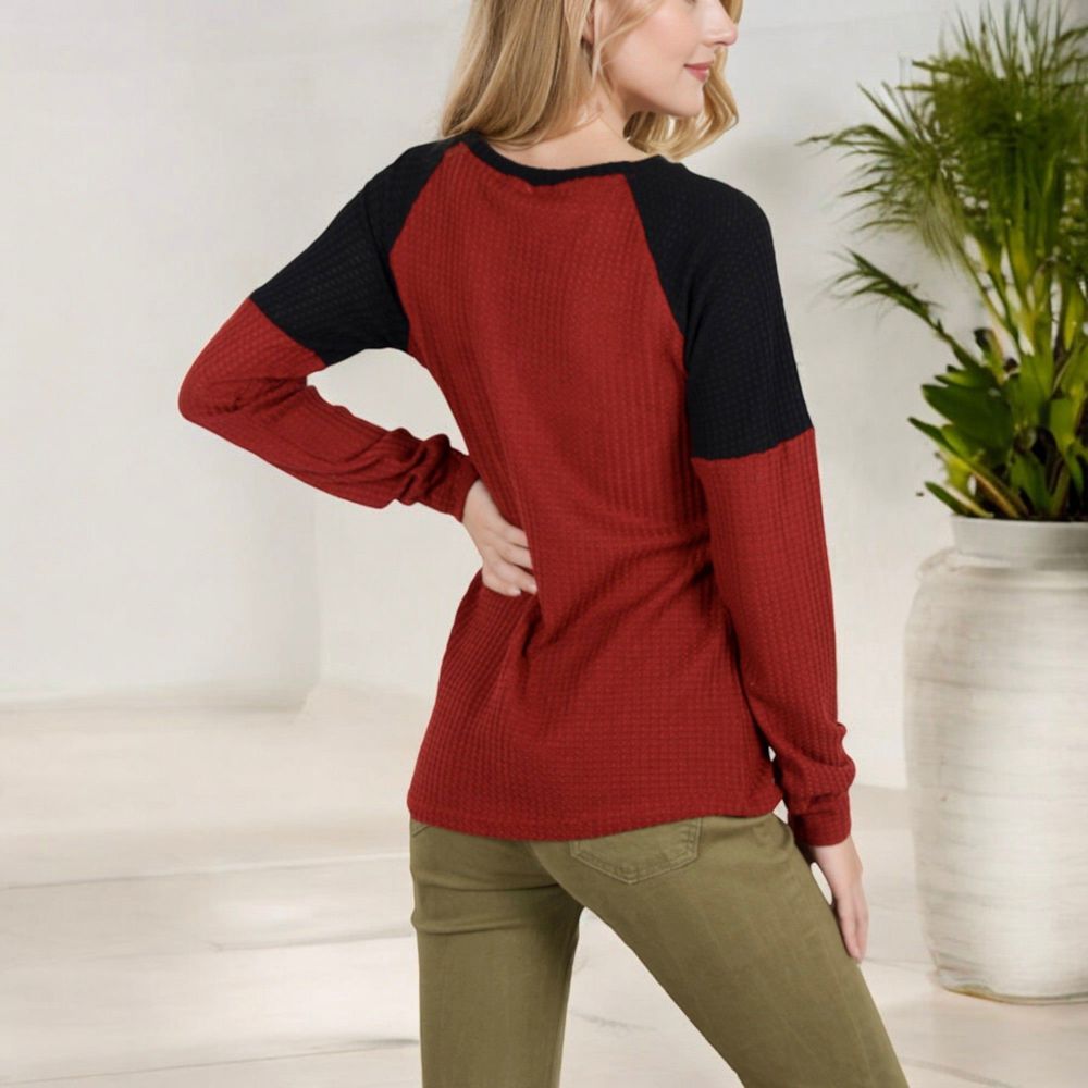 Long Sleeve Waffle Knit Top with Raglan Color Block Sleeves and Crew Neck