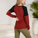 Red Large Long Sleeve Waffle Knit Top with Raglan Color Block Sleeves and Crew Neck