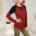 Red Large Long Sleeve Waffle Knit Top with Raglan Color Block Sleeves and Crew Neck