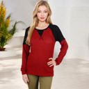 Red Large Long Sleeve Waffle Knit Top with Raglan Color Block Sleeves and Crew Neck