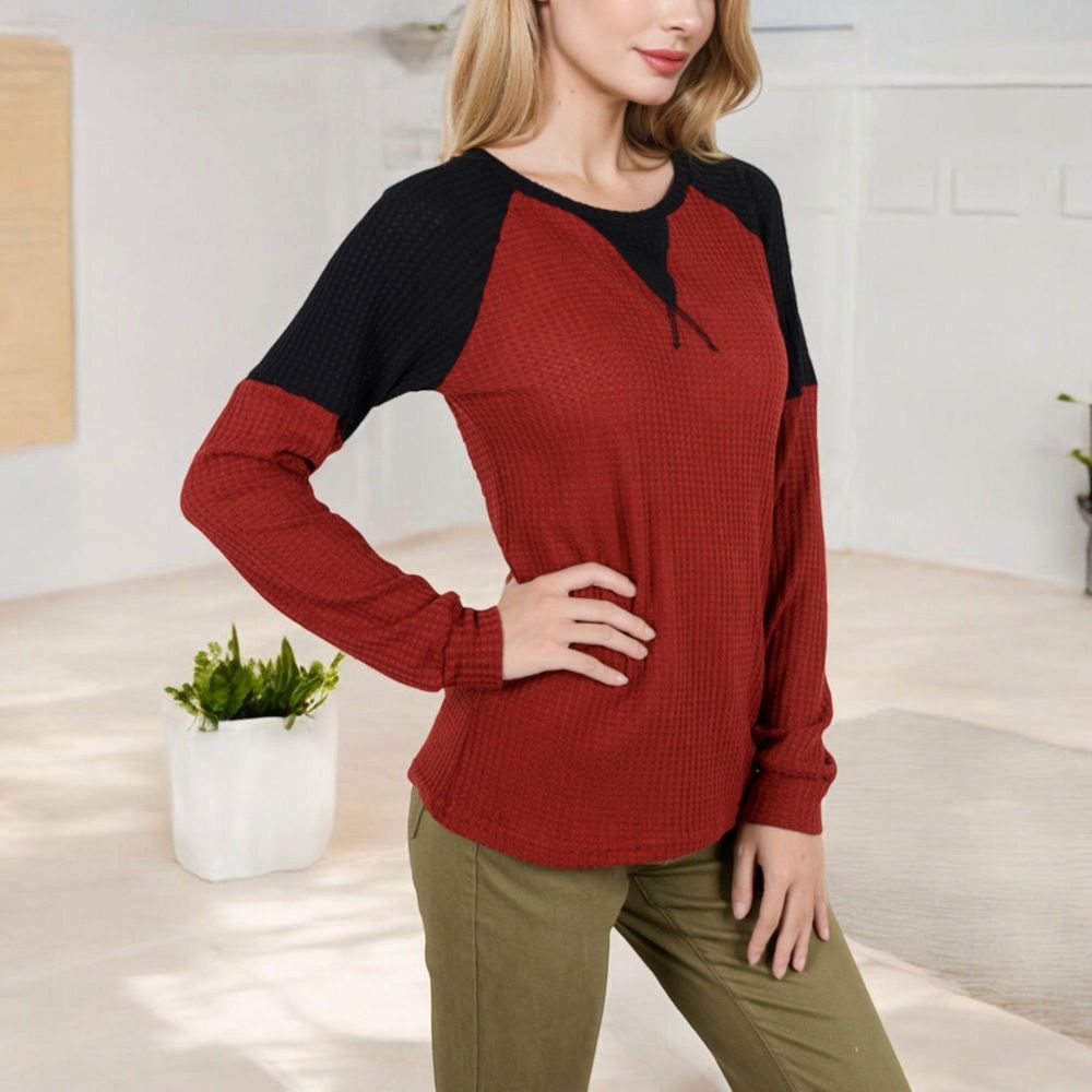 Long Sleeve Waffle Knit Top with Raglan Color Block Sleeves and Crew Neck