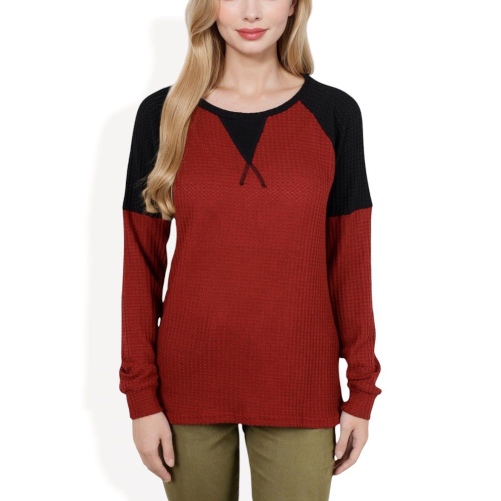 Long Sleeve Waffle Knit Top with Raglan Color Block Sleeves and Crew Neck