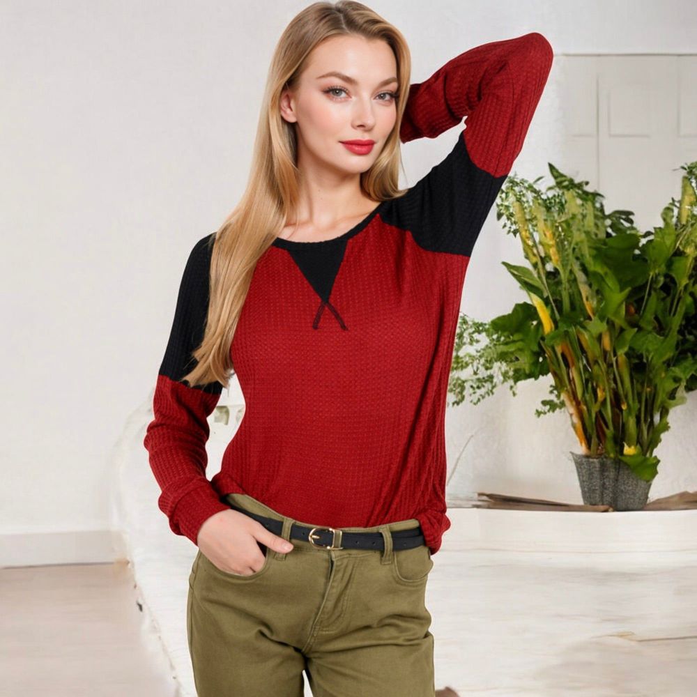 Long Sleeve Waffle Knit Top with Raglan Color Block Sleeves and Crew Neck