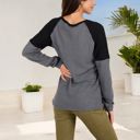 Gray Large Long Sleeve Waffle Knit Top with Raglan Color Block Sleeves and Crew Neck