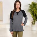 Gray Large Long Sleeve Waffle Knit Top with Raglan Color Block Sleeves and Crew Neck